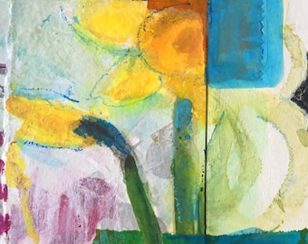 Pintura pequeña en técnica mixta: sellos antiguos y papeles embellecidos - 12,7 x 12,7 cm
