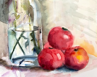 Acuarela: Tarro de cristal, tomates rojos maduros - Obra de arte original