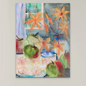 Scivolando, mele verdi e fiori gialli, opera d'arte moderna originale ad acquerello, arte murale di mele verdi e fiori, non una stampa