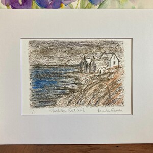 North Sea, Scotland - Original Monotype Artwork in White Mat - One of a Kind - Easy to Frame