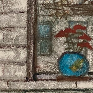Rote Blumen, Fenster Spiegelung, Portland, Maine, Fine Art Print in weißem Passepartout, Wandkunst von Original Monotype