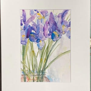 Irises Watercolor Painting Print: Museum Grade Cotton Paper, 8x10 Matted
