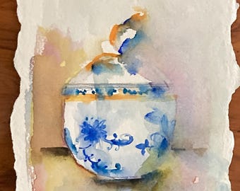 Azucarero antiguo azul y blanco, acuarela original, no es una impresión.