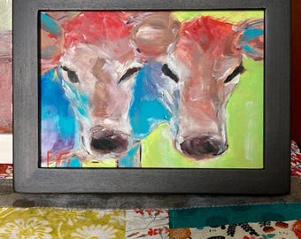 Pintura al óleo de vacas Jersey enmarcadas de colores, 5x7"