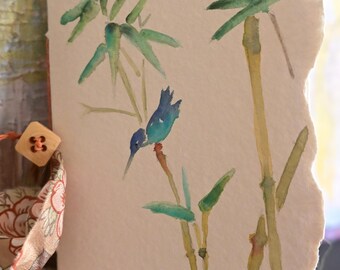 Cuaderno de arte hecho a mano con acuarelas: Ruiseñor de bambú, papel Arches.