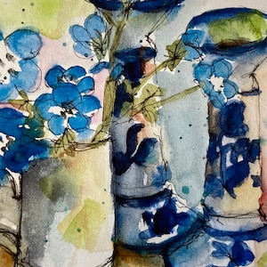 Forget Me Nots and treasured English Staffordshire Candlesticks, Original Watercolor Painting Museum Grade Print, Artwork