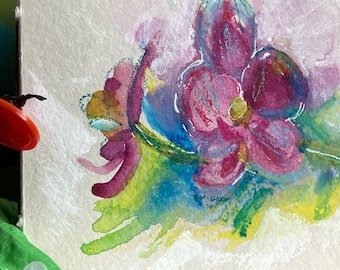 Cuaderno de arte hecho a mano: Pintura de orquídeas, cinta de seda vintage, 5 x 5 pulgadas