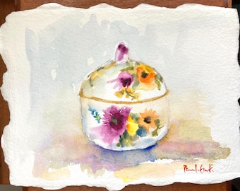 Antique Sugar Bowl with Flowers, Original Watercolor, Not a Print