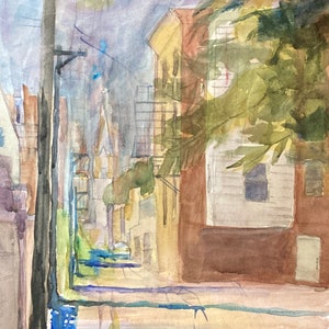 Regnerischer Tag, Chicago Alley, Original Aquarell, Kunstwerk, kein Druck