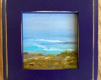 Peinture à l'huile originale encadrée, Harmony Headlands, Cambria, Californie, 3 x 3 pouces