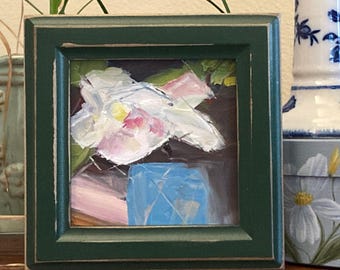 Pequeño óleo original enmarcado de una gardenia blanca en una maceta azul
