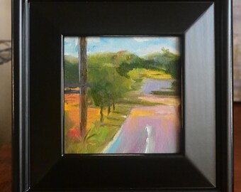 Pintura al óleo original enmarcada: Camino rural en Texas Hill Country - Marco de madera maciza