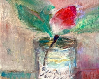 Pintura al óleo original: Capullo de camelia en un tarro de mermelada francés.