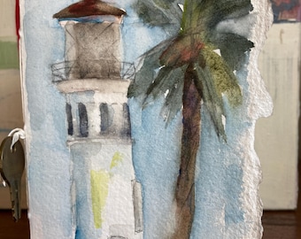 Cuaderno de arte hecho a mano con acuarelas: Faro de Pt. Vicente, papel Arches, llave vintage.