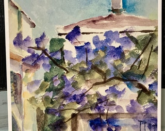 Árbol de Jacaranda Azul que llena los patios del jardín en Cala de Málaga, Palos Verdes Estates, Impresión original de calidad del Museo de pintura de acuarela, Obra de arte