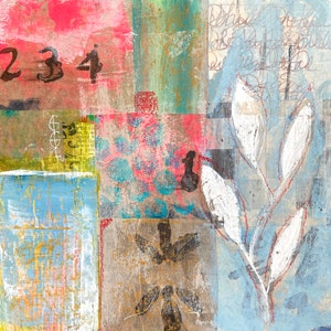 009 - Originele monoprint - Bladeren - Papier (originele collage, vintage postzegels, kaarten) - verf - gemengde techniek op aquabord - lijst niet vereist