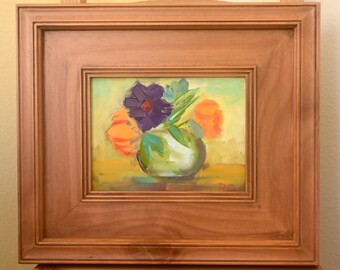 Pintura al óleo original enmarcada de flores y rosas