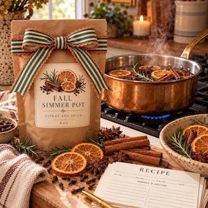 Peut inclure: Un sachet en papier brun étiqueté Fall Simmer Pot Citrus and Spice 8 oz, orné d'un ruban rayé vert et blanc. À côté se trouvent des tranches d'orange séchées, des bâtons de cannelle, de l'anis étoilé, des clous de girofle, une fiche recette et un stylo doré.