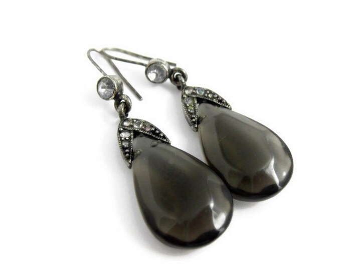 Antique Style Marcasite Gray Glass Tear Drop Earrings
