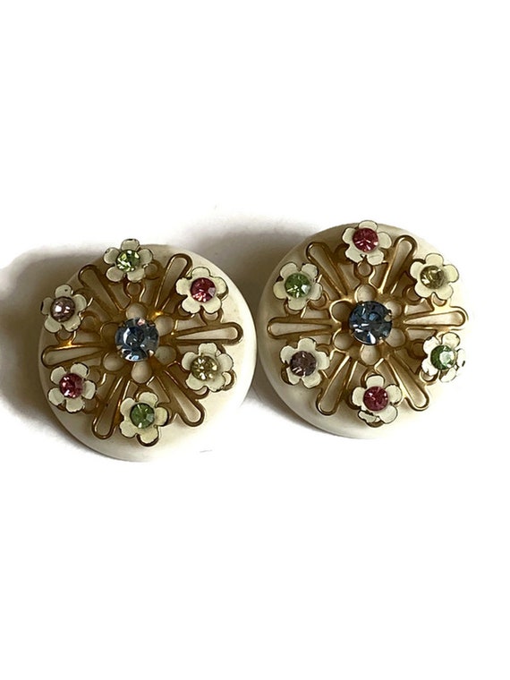 Vintage Enamel Flower Metal Earrings, Enamel Rhin… - image 2