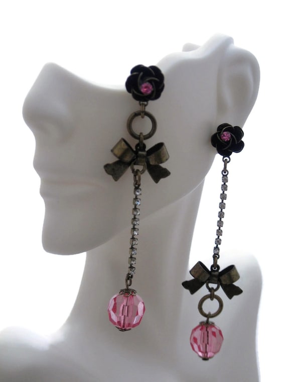 Brass Pink Glass Rhinestone Dangle Earrings