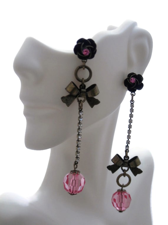 Brass Pink Glass Rhinestone Dangle Earrings - image 1