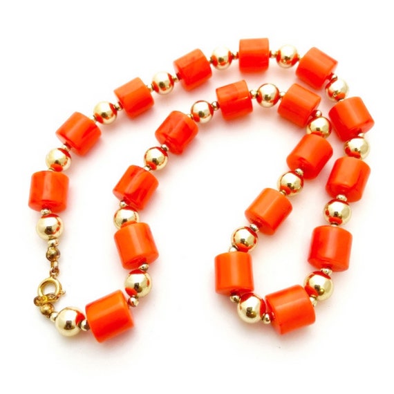 Vintage Orange Lucite Barrel Bead Necklace - image 1