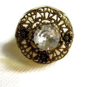 Vintage Art Deco Brass Rhinestone Faceted Lucite Apple Juice Statement Button Ring image 2