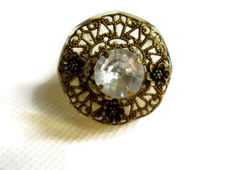 Vintage Art Deco Brass Rhinestone Faceted Lucite Apple Juice Statement Button Ring image 2