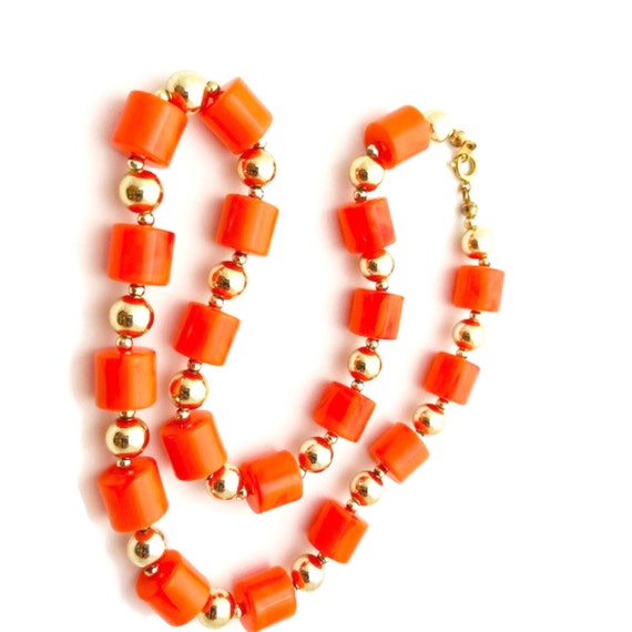 Vintage Orange Lucite Barrel Bead Necklace - image 3
