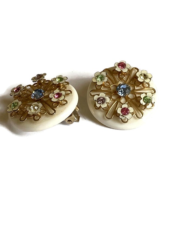 Vintage Enamel Flower Metal Earrings, Enamel Rhin… - image 4