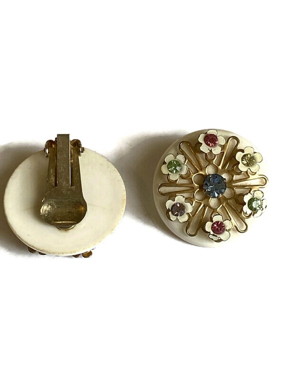 Vintage Enamel Flower Metal Earrings, Enamel Rhin… - image 3