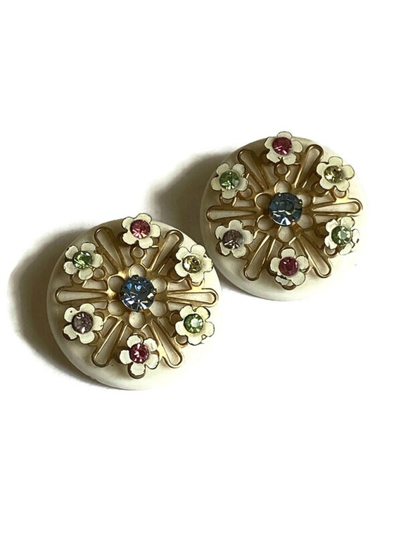 Vintage Enamel Flower Metal Earrings, Enamel Rhin… - image 1