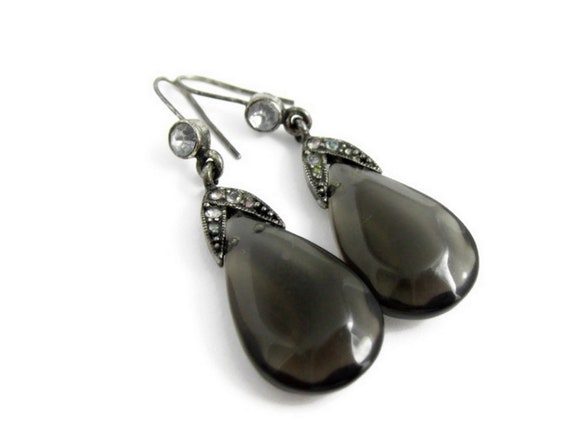 Antique Style Marcasite Gray Glass Tear Drop Earrings