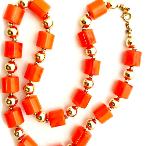 Vintage Orange Lucite Barrel Bead Necklace - image 4