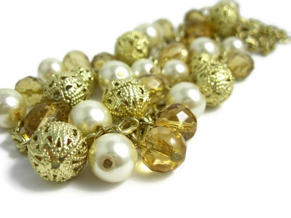Vintage Goldtone Glass Beads, Faux Pearls, Filigr… - image 1