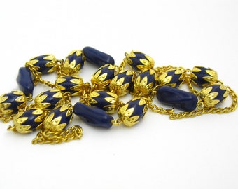 Vintage Long Blue Tube Bead Gold Chain Necklace
