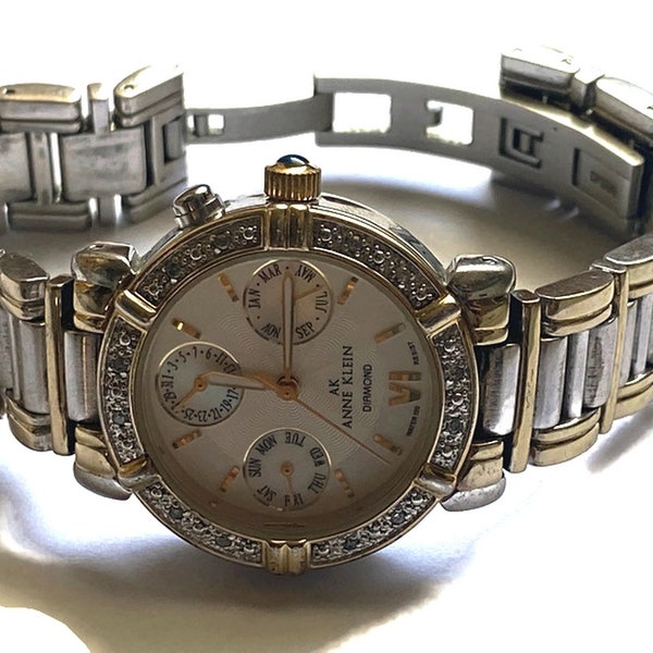 Vintage Anne Klein Diamond Silver Gold Chronograph Watch
