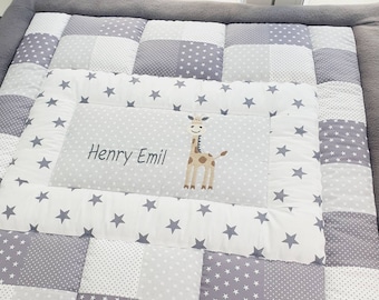 Crawling blanket with name Giraffe * Baby patchwork blanket * 3 cm thick volume fleece Tessalinchen