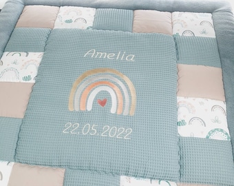Thick crawling blanket personalized * Rainbow waffle fabric mint * Playing blanket for birth or baptism * Tessalinchen