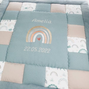 Thick crawling blanket personalized * Rainbow waffle fabric mint * Playing blanket for birth or baptism * Tessalinchen