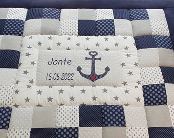 Krabbeldecke mit Namen maritim Anker blau * Baby Patchworkdecke * 3cm dick Volumenvlies Tessalinchen