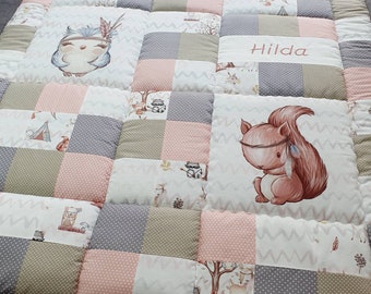 Large crawling blanket with name * forest animals * patchwork blanket baby * fox * owl * squirrel * raccoon Tessalinchen