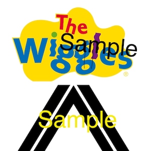May include: A graphic design featuring the text The Wiggles in blue and red letters over a yellow cloud shape, with the word Sample overlaid. Below, two black parallel lines form an inverted V shape with the word Sample in yellow text centered.