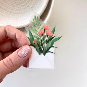 花と封筒のステッカー | 母の日のラブレターのイラスト | 花束のラブレターのイラスト | 食器洗い機対応、耐候性 2.16”x3”