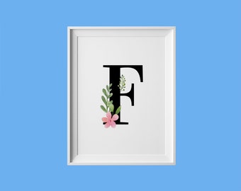Bloemenprint letter F, eerste monogram kinderkamer (digitale download)