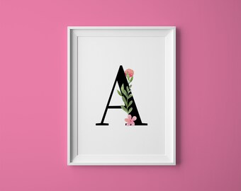 Bloemenprint letter A, kunst aan de muur kinderkamer (digitale download)