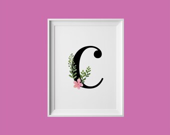 Bloemenprint letter C, eerste monogram kinderkamerkunst (digitale download)