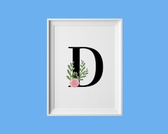 Floral Letter D Print, Initial Monogram Nursery Decor (Digital Download)