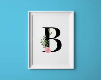 Bloemenprint letter B, kunst aan de muur kinderkamer (digitale download)